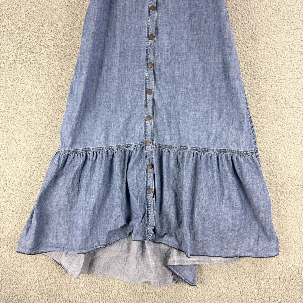 Free People Maxi Dress Women S Blue Chambray Button Front Cutout Ruffle High Low - Picture 4 of 11